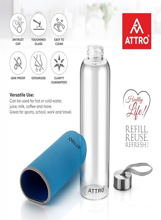 ATTRO Glassox Aqura High Borosilicate Glass Water Bottle with Sleeve & Stainless Steel Lid - Leakproof & Durable - Ideal for Office, Travel, and Daily Use Color- Blue - 750ml - Image 4